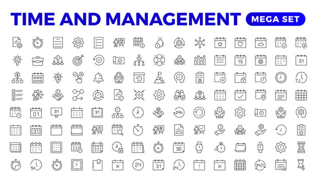 Business and management line icons set. Management icon collection. Project management icon collection. Time management and planning concept. Outline icon set.
