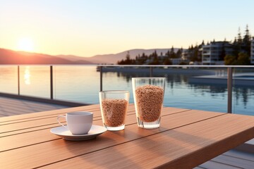 Scenic veranda table setting with coffee and porridge grains, overlooking the serene lake - obrazy, fototapety, plakaty
