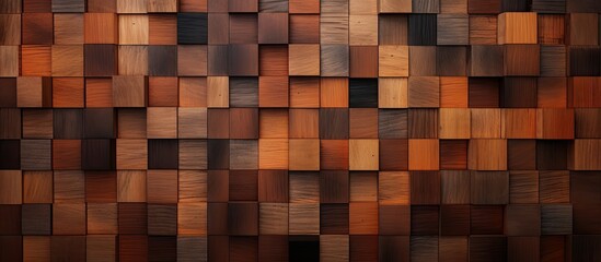 A detailed closeup of a brown wooden wall made of rectangular wooden squares, resembling a brick pattern. The wood features various tints and shades, creating a unique piece of art on the floor