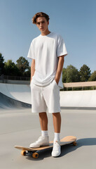 Portrait of stylish young man in white t-shirt and shorts in the skatepark