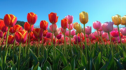 Fototapeta premium Capture the panoramic beauty of a full bloom tulip garden, showcasing diverse colors and lush landscape