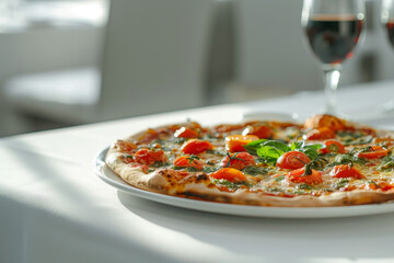 Delicious Pesto Tomato Pizza on White Plate on Table Gen AI