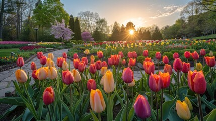 Explore the panoramic beauty of a full bloom tulip garden, capturing the vibrant colors and lush landscape - obrazy, fototapety, plakaty