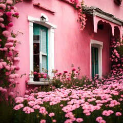 Fototapeta na wymiar pink house with flowers 