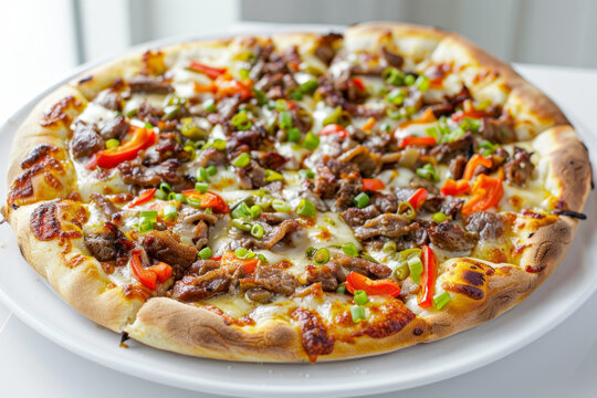 Delicious Philly Cheesesteak Pizza on White Plate Gen AI