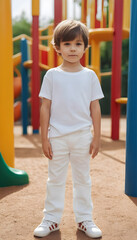 portrait of a cute little boy in white t-shirt standing on the playground