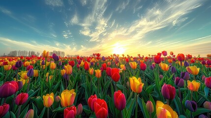 Explore the enchantment of full bloom tulip garden with wide-angle panorama - obrazy, fototapety, plakaty