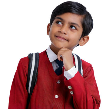 A boy school kid wearing a red uniform in thinking pose