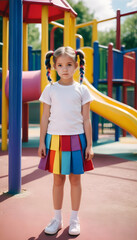 Obraz premium portrait of a cute little girl in colorful skirt and white t-shirt standing on playground