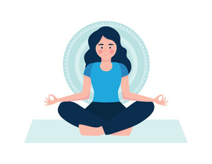Woman in meditation pose isolated on rounded background. Concept illustration for yoga.