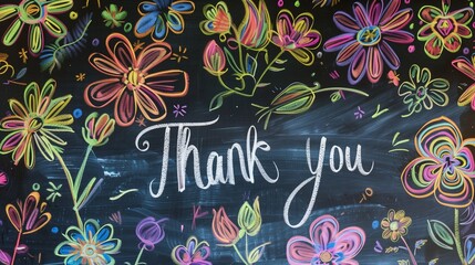 Fototapeta na wymiar Thank You Card. Written by Chalk on the Blackboard with Flower Drawing.