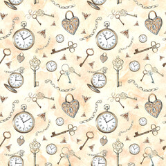 Pocket watch, keys, chain, lock, moths on a beige background. Watercolor seamless pattern with vintage elements. Hand drawn retro illustration. Template for wallpaper, scrapbooking, wrapping, textile.
