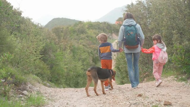 Family on a hike in the mountains with the dog