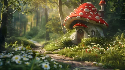 Schilderijen op glas Retraite de conte de fées fantaisiste : un havre de forêt magique avec une maison aux champignons miniature, un chemin enchanteur vers une demeure d'elfe ou d'animal © JK