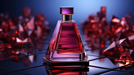 Minimalistic image of a red perfume bottle in the center with studio lighting. Luxurious background. Generative AI - obrazy, fototapety, plakaty