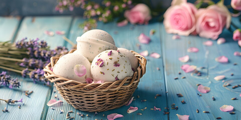 Fototapeta na wymiar Top view of easter eggs in a nest. spring flowers and feathers over blue rustic wooden table. 