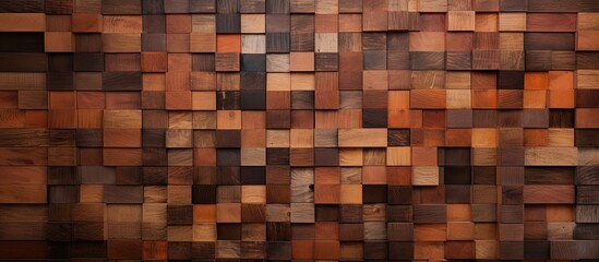 A detailed closeup of a hardwood wall featuring small rectangular wooden squares. The varying tints and shades of brown create a unique artlike pattern