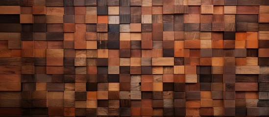Fotobehang A detailed closeup of a hardwood wall featuring small rectangular wooden squares. The varying tints and shades of brown create a unique artlike pattern © 2rogan