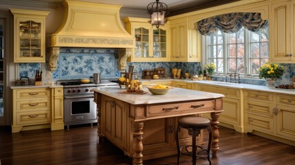 Elegant french country style kitchen with blue cast iron oven marbled countertops soft yellow wood cupboards gleaming hardwood floors