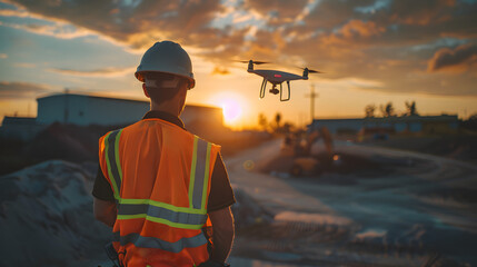 Opérateur de drone : un ingénieur pilotant habilement un drone dans un gilet de sécurité - obrazy, fototapety, plakaty