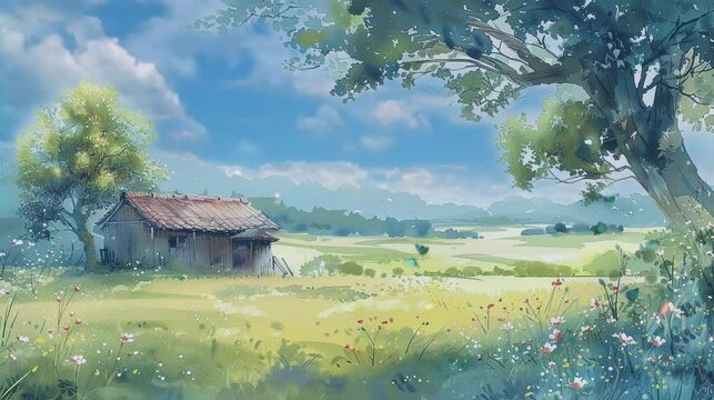 Animated seamless looping wooden hut next to shady trees in the middle of meadow. Watercolor painting illustration style. Generative AI