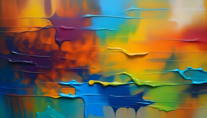 A close-up of a colorful abstract oil painting on canvas