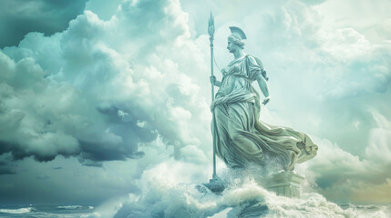 A magnificent statue of Athena, the ancient greek goddess of wisdom, craft, and warfare