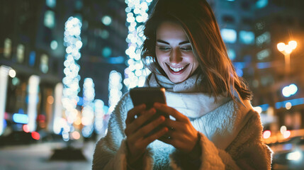 An attractive smiling young woman texting on her smartphone in the night in the city - Powered by Adobe