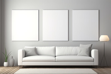 A white couch sits in a room with three white picture frames on the wall