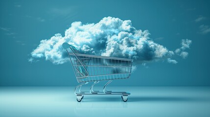 Shopping cart with cloud for online shopping and digital marketing concept Cart and promotional labels on shopping bags