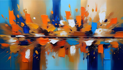 An abstract oil painting with blue, orange, and gold colors