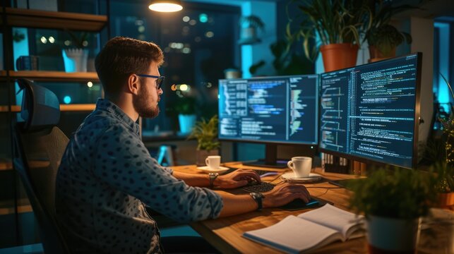 A software developer works on code late into the night, illuminated by the glow of multiple computer screens in a modern office. AIG41