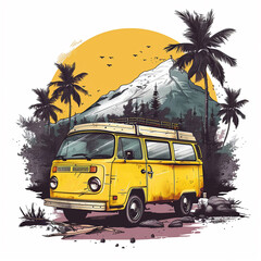 Yellow Vintage Van in Adventure Camping designs for Tshirt print on demand on white background.