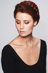 Face, beauty and haircare for woman person, hairstyle and studio isolated on white background. Keratin, wellness and braid for redhead female model, salon and cosmetic treatment for healthy hair