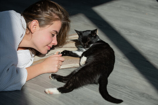Young woman play with fluffy cat. Cat lies near woman face. The fluffy black cat comfortably settled to sleep or to play. Kitty rest. Cute cozy morning place. Morning with cat at home. The pussycat.