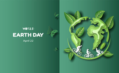 World Earth day; happy family riding a bike with earth background, paper illustration, and 3d paper.
