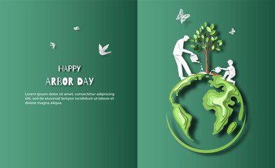 Happy Arbor Day, father and son help water a tree, save the planet , paper illustration, and 3d paper.
