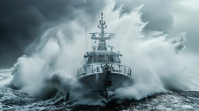 .A detailed photograph capturing a naval patrol boat navigating through stormy seas