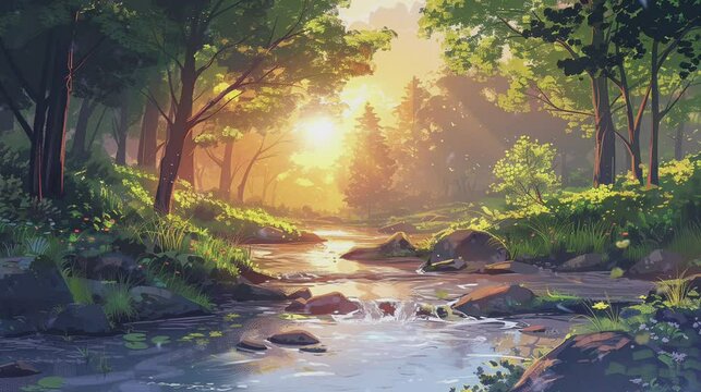 Flowing water river in the middle of the rainforest. Cartoon painting illustration style. Seamless looping animated. Generative AI