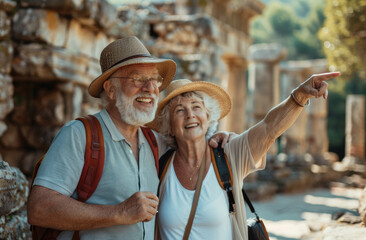 Happy couple traveling and exploring ancient ruins in forest, pointing to sky while on vacation trip together in sunny day, having fun during travel adventure