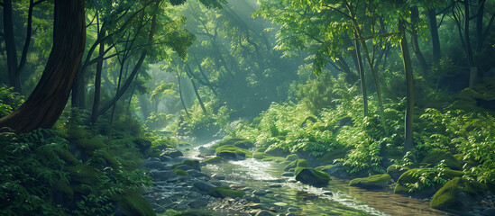 a stream in lush forest nature background