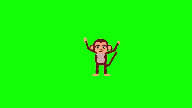 cartoon cute monkey stands and waving hands animation on green screen