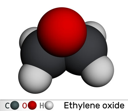Ethylene oxide, oxirane C2H4O molecule. Molecular model. 3D rendering.