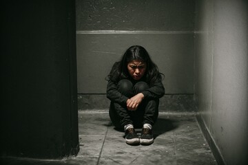 A scared and battered woman sitting alone in a dark and oppressive room in despair