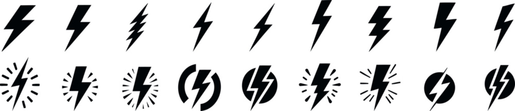 Lightning bolt vector icon set, black lightning icon designs on white background, Symbols of energy, power, electric storm, flash charge, ideal for web, print, logo design. 