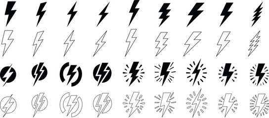 Lightning bolt icons set, black outline of flash lightning bolt icon vector illustration. Energy, power symbol. - obrazy, fototapety, plakaty