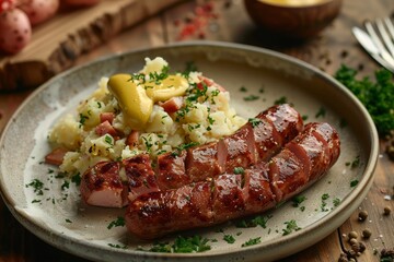 Grilled Sausage with Potato Salad, richly garnished on a rustic plate