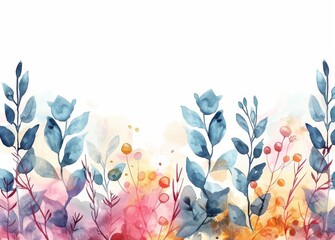 Delicate watercolor floral scene with soft washes of color, featuring whimsical flowers and foliage against a gentle sky-inspired backdrop.