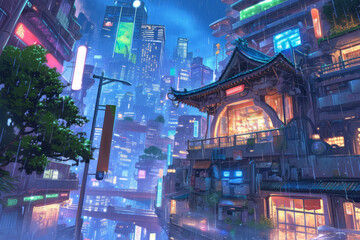 Cyberpunk city in the rainy night
