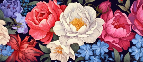 The painting showcases a variety of flowers, a beautiful mix of plants with different petals and...